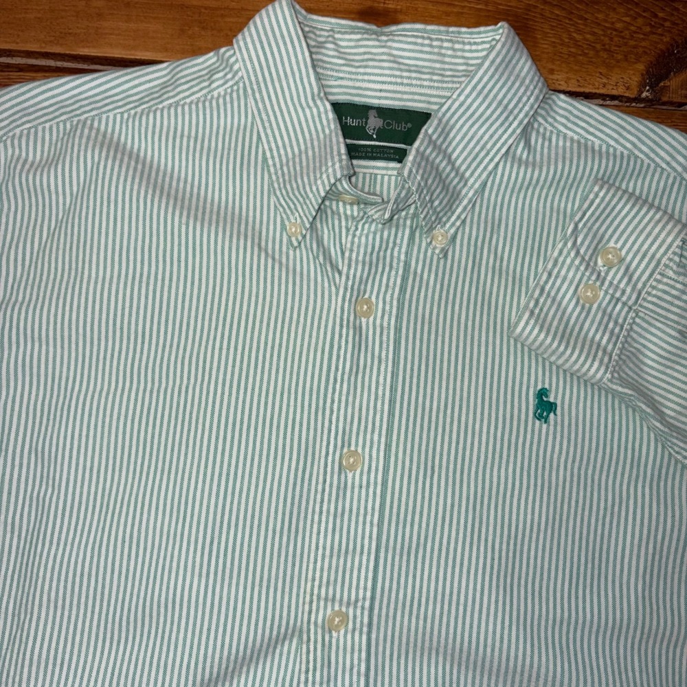Vintage Hunt Club Button Up Shirt Mens LT Green White Striped Long Sleeve Pony